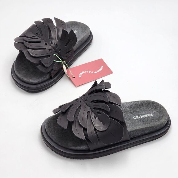 Farm Rio Monstera Leaf Anatomic Slide Sandals Black Size 7 NWT - Picture 2 of 9